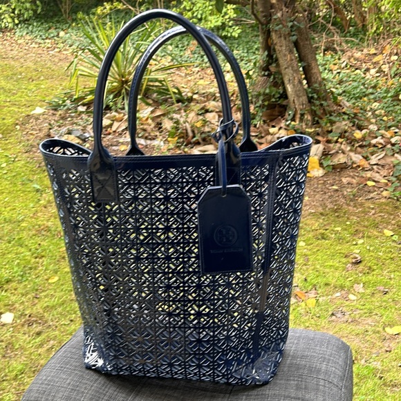 Tory Burch Handbags - Tory Burch Perforated Laser Cut Navy Blue Tote Bag, EUC